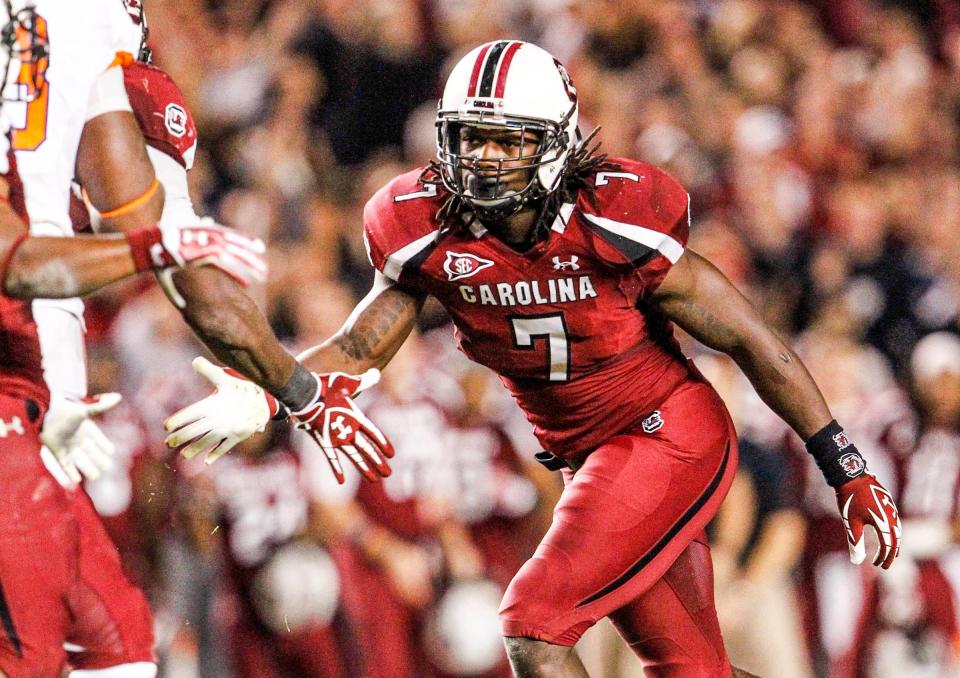 South Carolina's Jadeveon Clowney (7) reacts after making a play against in-state rival Clemson at Williams-Brice Stadium in Columbia, S.C. Saturday, November 26, 2011. 