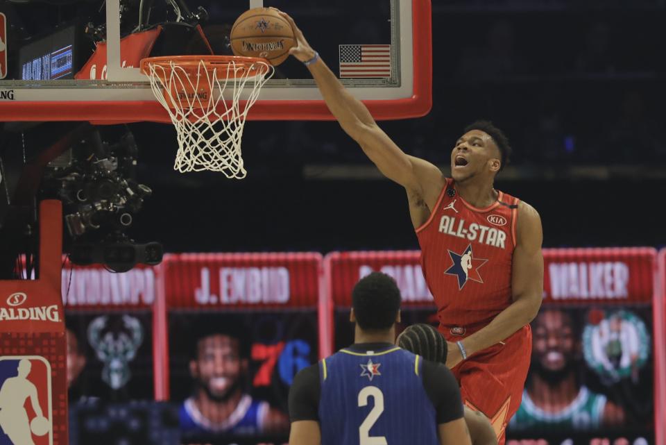 Giannis Antetokounmpo of the Milwaukee Bucks dunks during the first half of the NBA All-Star basketball game Sunday, Feb. 16, 2020, in Chicago. (AP Photo/Nam Huh)