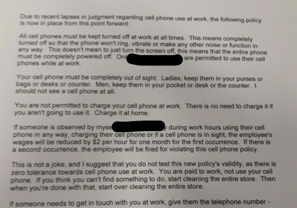 A notice to employees about cellphone usage