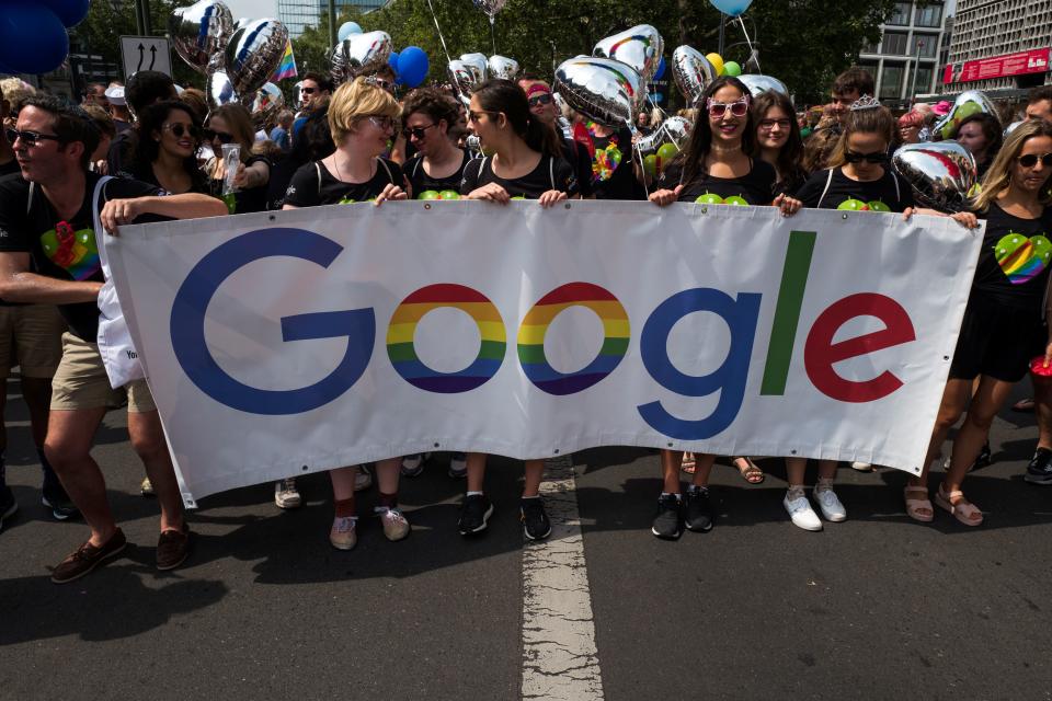 Participants hold up a Google banner during Berlin's annual Christopher Street Day (CSD) gay pride parade on July 22, 2017. Photo: JOHN MACDOUGALL/AFP/Getty Images