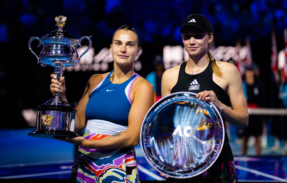Aryna Sabalenka and Elena Rybakina, pictured here posing with their trophies after the Australian Open final.