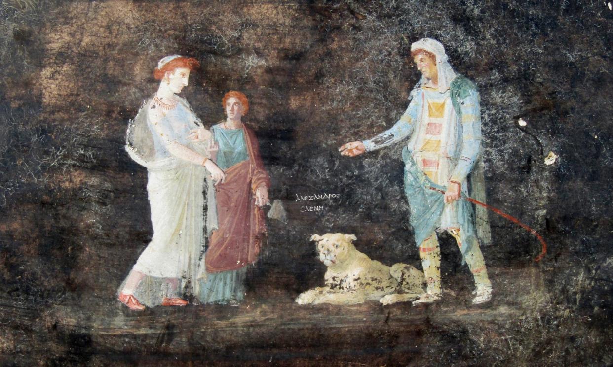 <span>A newly discovered Pompeii fresco depicting Helen of Troy meeting Paris, prince of Troy, for the first time.</span><span>Photograph: Parco Archeologico di Pompei press office/AFP/Getty Images</span>