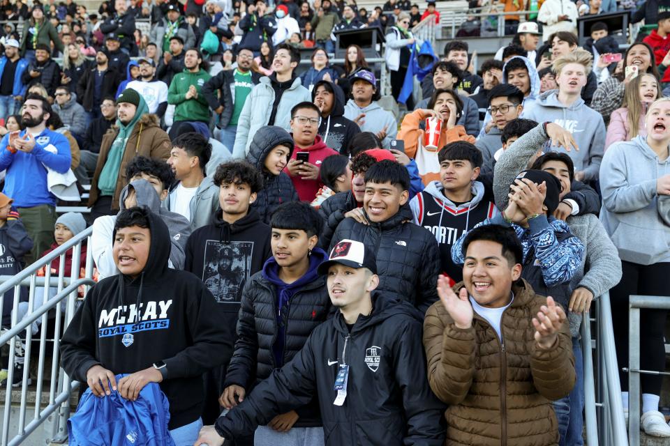 McKay fans cheer as McKay leads West Albany 2-1 during the second half of the 5A state championship game at Hillsboro Stadium in Hillsboro, Ore. on Saturday, Nov. 12, 2022.