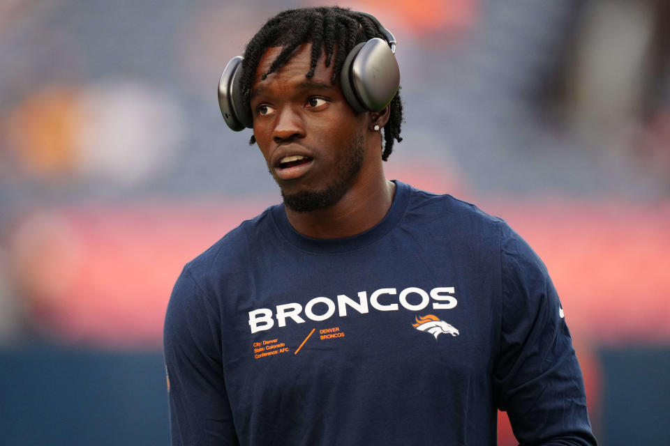 Denver Broncos cornerback Michael Ojemudia (13) before the preseason game against the Dallas Cowboys at Empower Field at Mile High in Denver on Aug. 13, 2022.