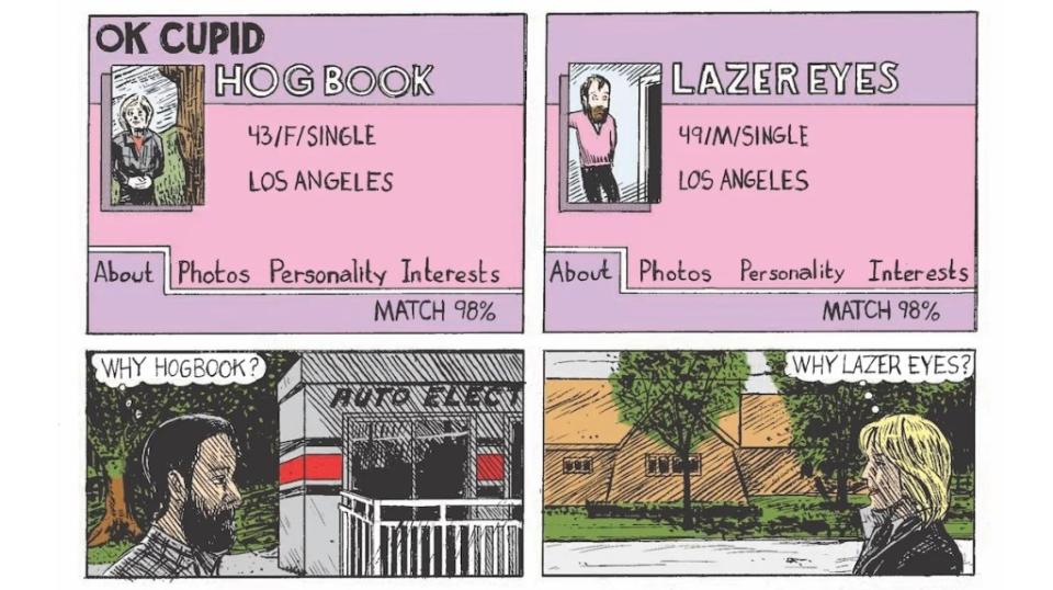 An illustration showing the OKCupid pages of "Hogbook" and "Lazer Eyes." Hogbook's profile shows her details as 43/F/Single, Los Angeles, while Lazer Eyes is 49/M/Single, Los Angeles. It shows they have a 98% match on their about tab. Other tabs include photos, personality, and interests.