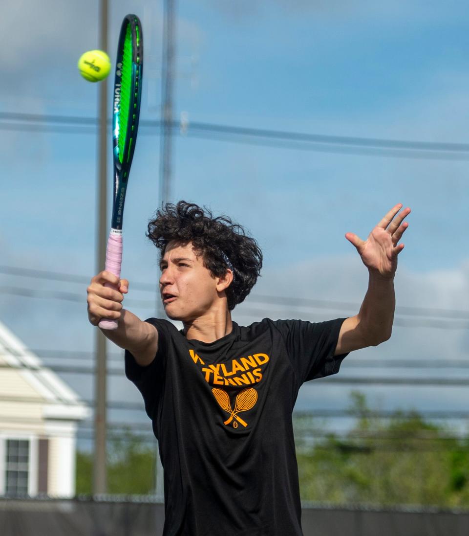 Wayland High School number one singles player freshman Toby Kylberger in action at Hopkinton, May 17, 2024.