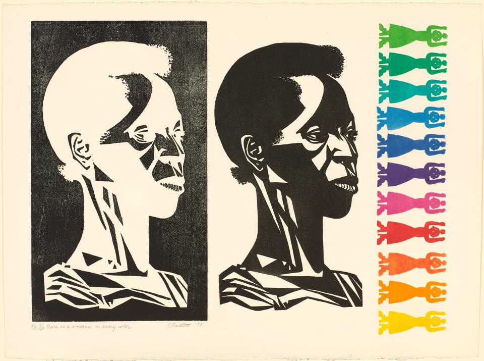 "There is a Woman in Every Color," 1975, a color linoleum, cut, screen-print and woodcut by Elizabeth Catlett is a museum purchase by the Lloyd O. Marjorie Strong Coulter Fund for the Bowdoin College Museum of Art, copyrighted in 2021 by the Catlett Mora Family Trust, licensed by VAGA at Artists Rights Society, New York.