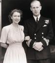 <p>Princess Elizabeth, Britain's future queen, and Lt. Philip Mountbatten shown at Buckingham Palace in 1947.</p>