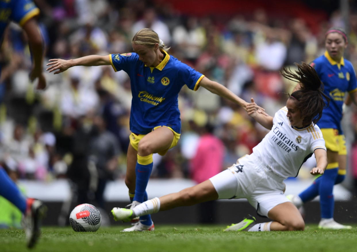 América Femenil vs Real Madrid Femenil en uno de los partidos internacionales de futbol femenil entre equipos mexicanos y equipos españoles . Foto: CLAUDIO CRUZ/AFP via Getty Images