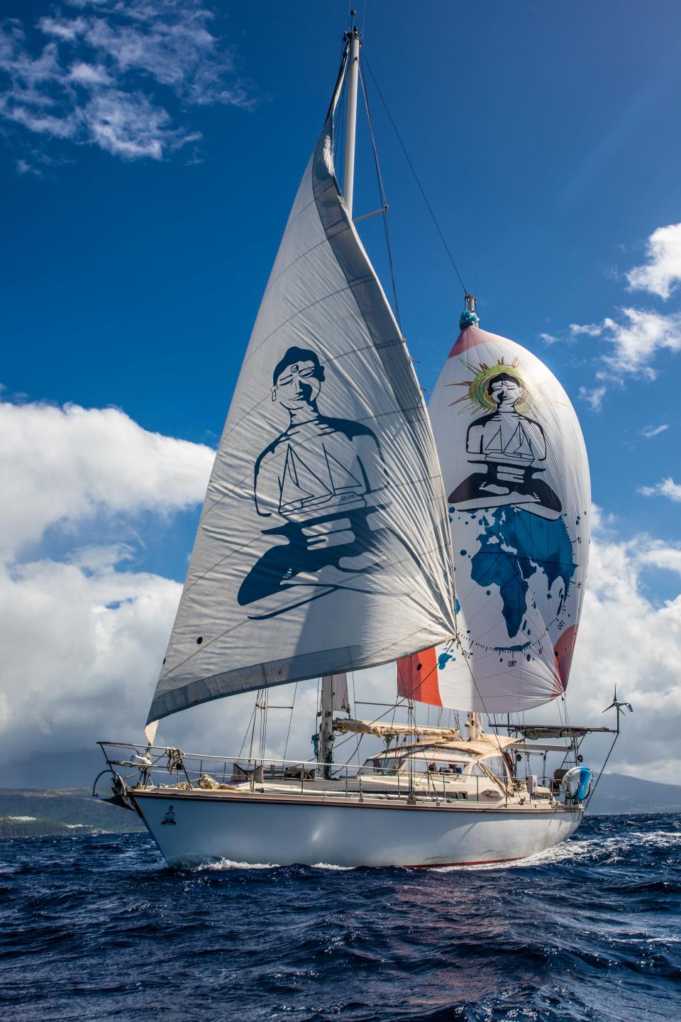 The distinctive Buddha sails of the SV Delos. (Photo courtesy SV Delos)