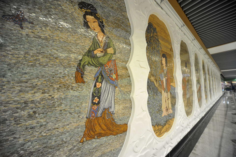 NANJING, CHINA - APRIL 01: (CHINA OUT) A view of "Dream of the Red Chamber" frescos at Taihanggong Subway Station of Third Line on April 1, 2015 in Nanjing, Jiangsu province of China. Nanjing Subway opened its Third Line on April and nine of twenty-nine subway stations painted the wall with "Dream of the Red Chamber" frescos which represented the scenes of the traditional classics. (Photo by Visual China Group via Getty Images/Visual China Group via Getty Images)