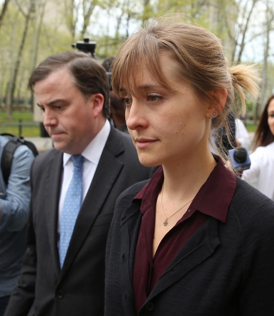 Allison Mack leaves court following her bail hearing on May 4, 2018, in Brooklyn.