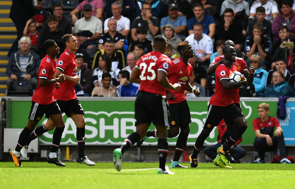 Eric Bailly leads the celebrations after putting Manchester United ahead