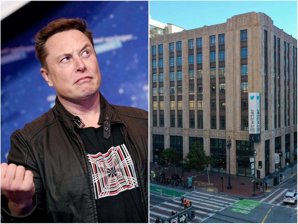 Elon Musk next to Twitter's HQ in San Francisco