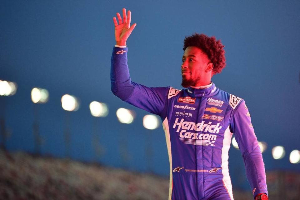 Rajah Caruth is introduced before the Victorias Voice Foundation 200 at Las Vegas Motor Speedway.