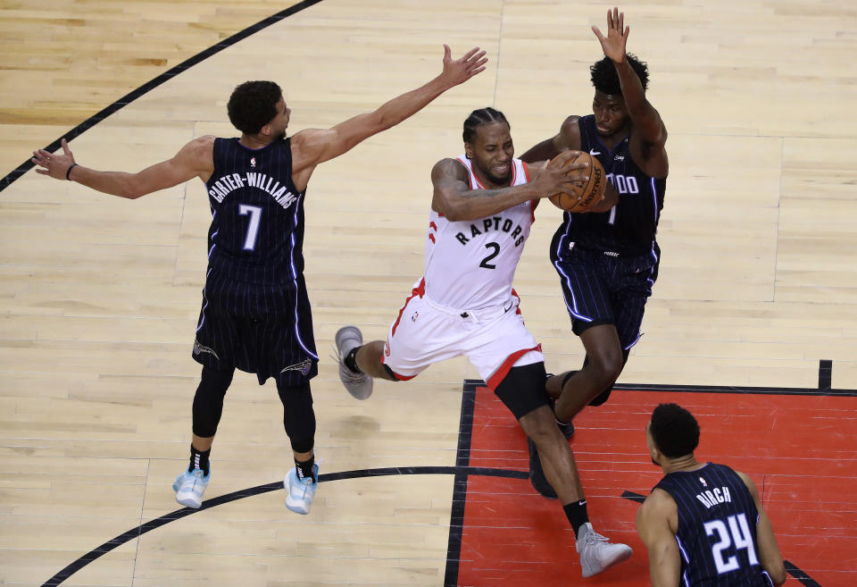 Raptors forward Kawhi Leonard ran through the Magic on Tuesday night in Game 2. (Getty Images)