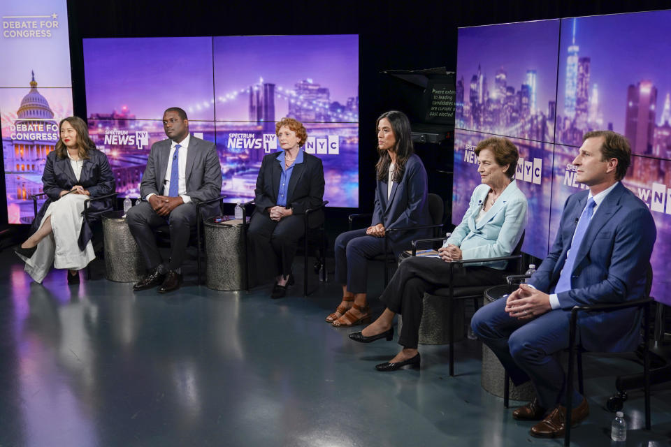 From left, Assemblywoman Yuh-Line Niou, Rep. Mondaire Jones, Assemblywoman Jo Anne Simon, Councilwoman Carlina Rivera, Elizabeth Holtzman, and Attorney Dan Goldman participate in New York's 10th Congressional District Democratic primary debate hosted by Spectrum News NY1 and WNYC, Wednesday, Aug. 10, 2022, at the CUNY Graduate Center in New York. / Credit: Mary Altaffer / AP