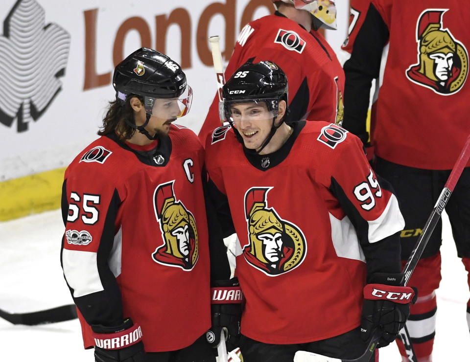 Matt Duchene scored his first goal for the Ottawa Senators in Saturday’s loss to the New York Islanders. (Justin Tang/The Canadian Press via AP)