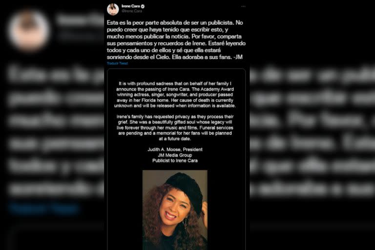 La triste noticia fue publicada por la publicista de la artista (Captura Twitter)