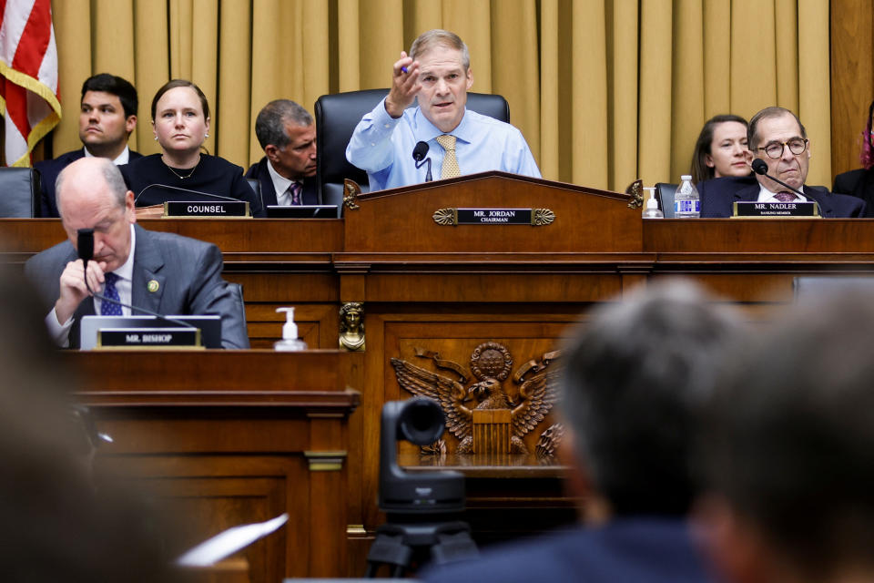 House Judiciary Committee Chair Jim Jordan addresses FBI Director Christopher Wray as Wray testifies on 