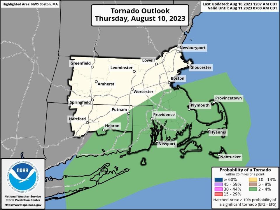 According to the National Weather Service: "In addition to locally heavy rain in eastern MA and RI later today and tonight (Flood Watch in effect), we are watching for a possible brief tornado or waterspout. The greatest risk area is Cape Cod and the Islands during the early evening hours, but there is some risk across RI and southeast CT."