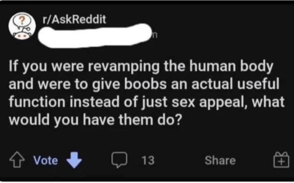 "If you were revamping the human body and were to give boobs an actual useful function instead of just sex appeal, what would you have them do?"