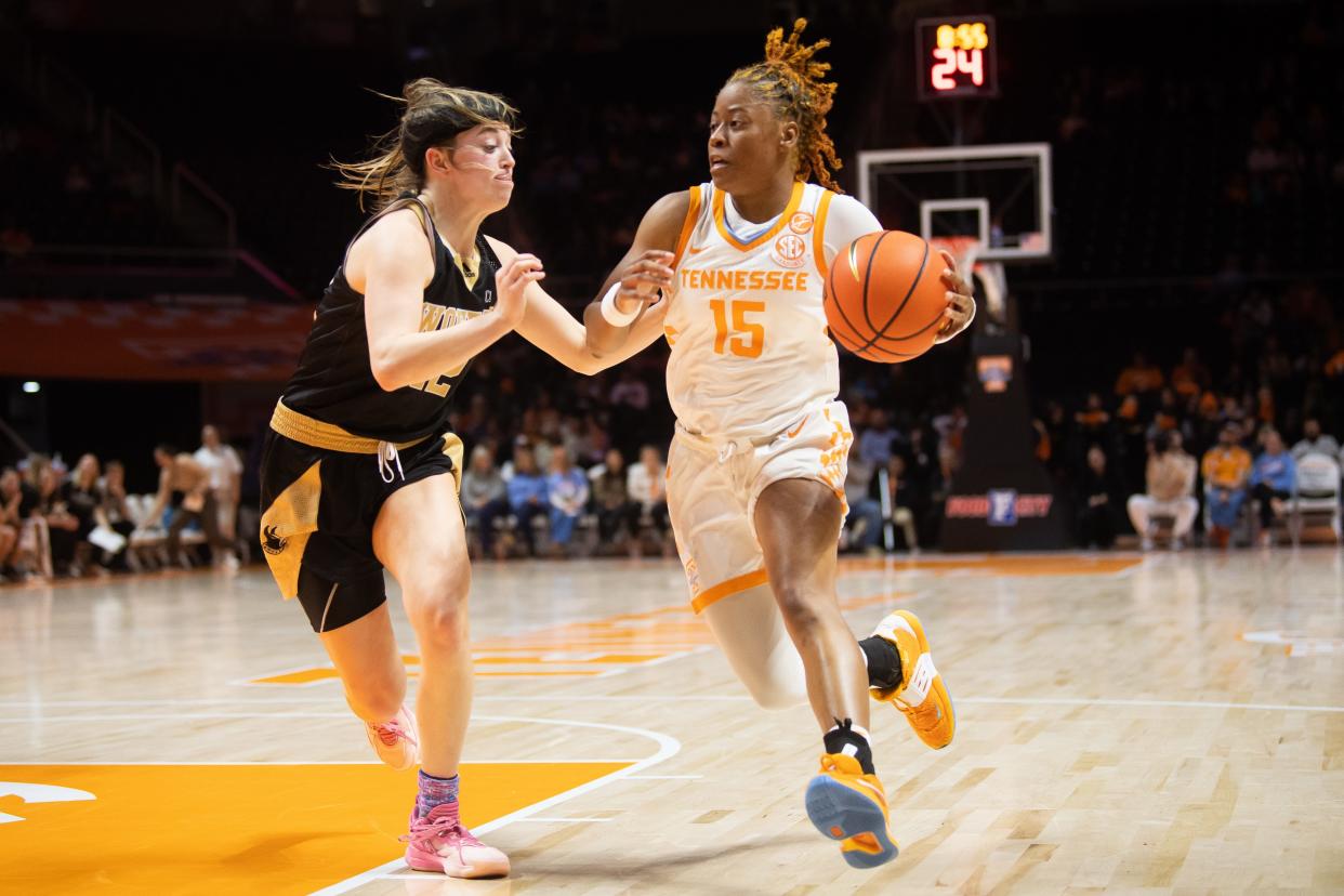 Tennessee guard Jasmine Powell (15) drives down the court during a basketball game between the Lady Vols and Wofford held at at Thompson-Boling Arena at Food City Center on Tuesday, Dec. 19, 2023.