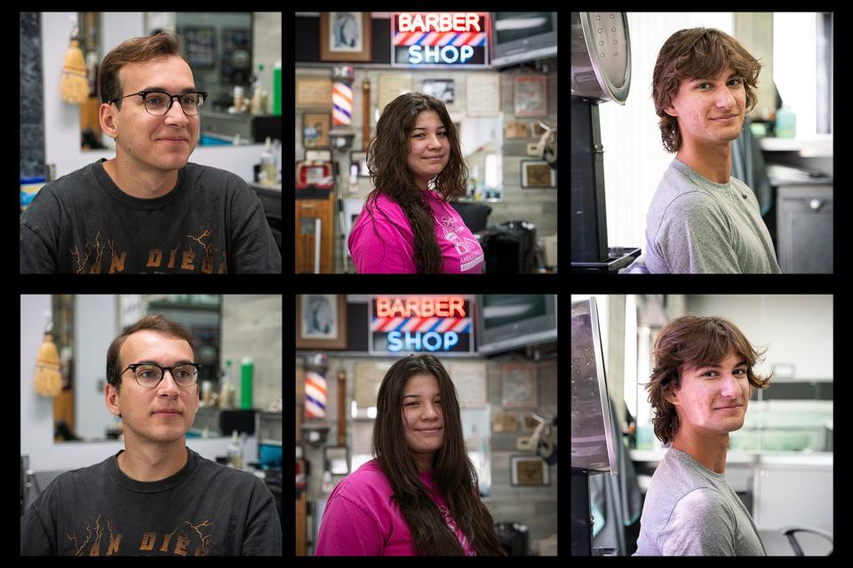 Before (bottom) and after photos (top) of Owen Terechenok, 21, of Canton, left, Emilie Nieves, 19, of Allen Park, and Jacob Terechenok, 16, of Canton, after their hair is permed at Anthony's Hair Inc in Allen Park on July 25, 2023.