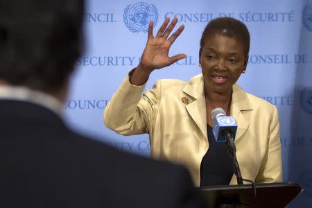 Outgoing United Nations' humanitarian chief Valerie Amos speaks to the media during her final news conference at United Nations Headquarters in the Manhattan borough New York May 28, 2015. REUTERS/Carlo Allegri