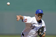 Kansas City Royals starting pitcher Seth Lugo throws during the first inning of a baseball game against the Kansas City Royals Saturday, March 30, 2024, in Kansas City, Mo. (AP Photo/Charlie Riedel)