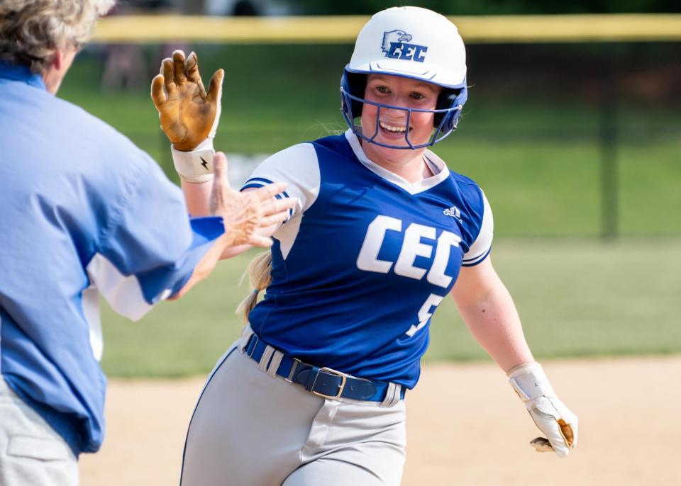 Conwell-Egan senior Katey Brennan rounds third after her two-run home run in Monday's Philadelphia Catholic League title game won by the Eagles.