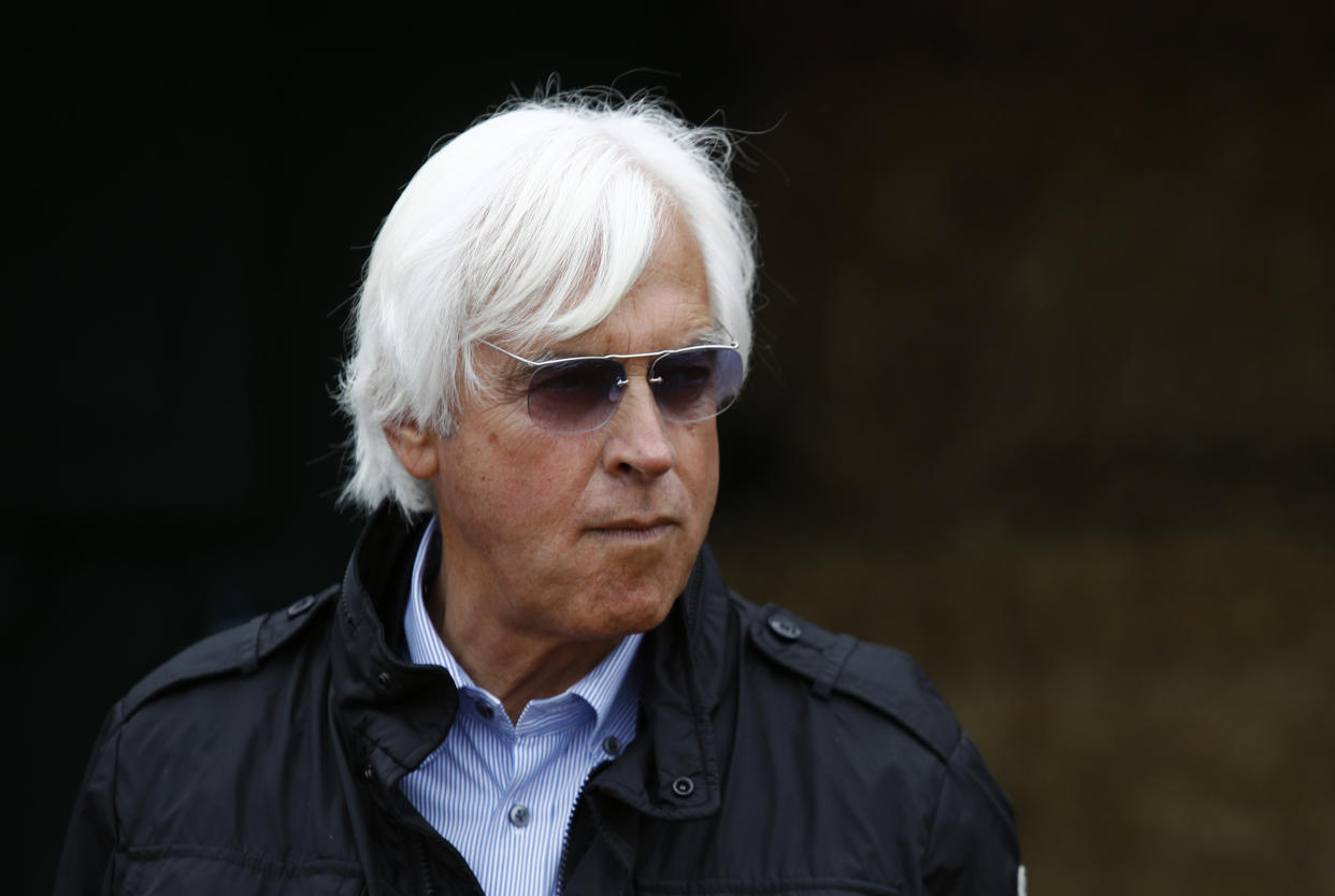 Bob Baffert, trainer of Kentucky Derby winner Justify, waits for Justify's arrival at Pimlico Race Course, Wednesday, May 16, 2018, in Baltimore. The Preakness Stakes horse race is scheduled to take place May 19. (AP Photo/Patrick Semansky)
