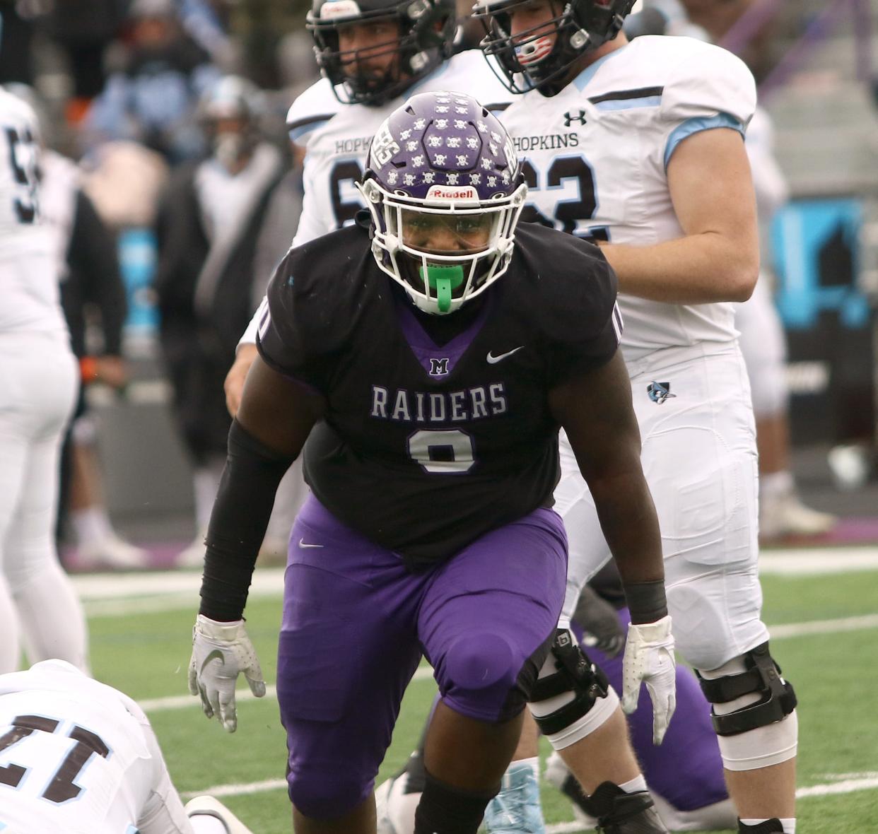 Mount Union's Duke Hill reacts after sacking Johns Hopkins quarterback Ryan Stevens during a playoff game last season.