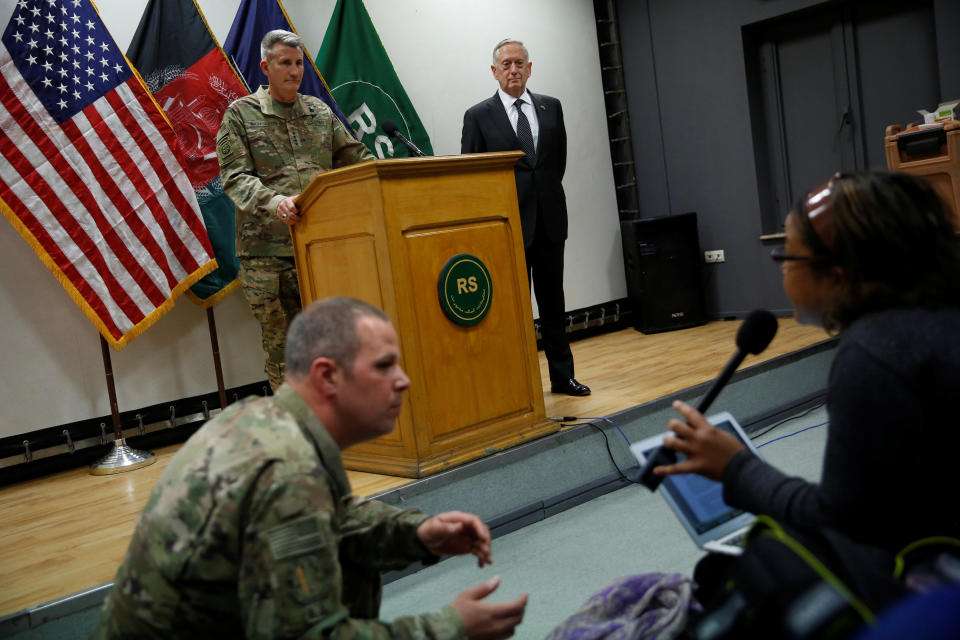 U.S. Army General John Nicholson, commander of U.S. Forces Afghanistan, and U.S. Defense Secretary James Mattis hold a news conference at Resolute Support headquarters in Kabul, Afghanistan April 24, 2017. REUTERS/Jonathan Ernst