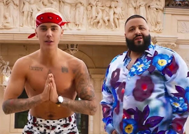 Justin Bieber and DJ Khaled in the music video for "I'm The One."