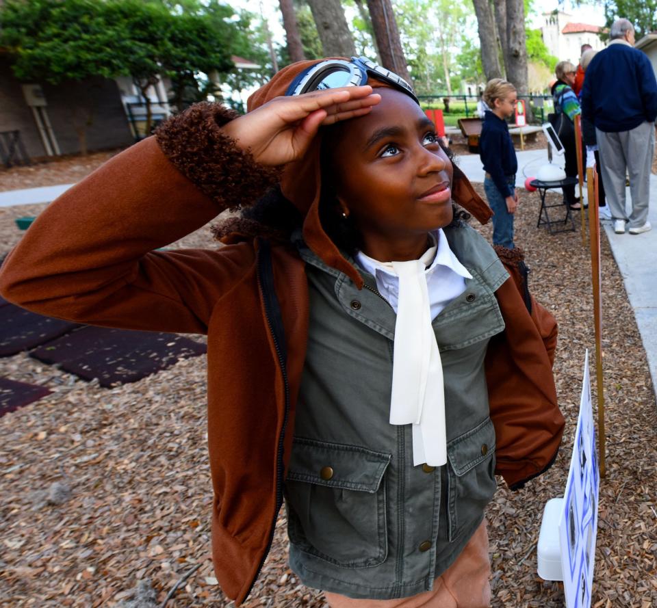 Nyla Armstrong, 8, strikes her pose as Bessie Coleman, the first African American woman to earn a pilot's license to fly internationally in the early 1900s. Coleman was killed in a crash in Jacksonville in 1926 while a passenger in a newly acquired plane.  Students from The Bolles Lower School Whitehurst Campus presented the "Whitehurst Wax Museum" in 2017, dressing as historical characters they had been studying and then coming to life to give short presentations on their character.