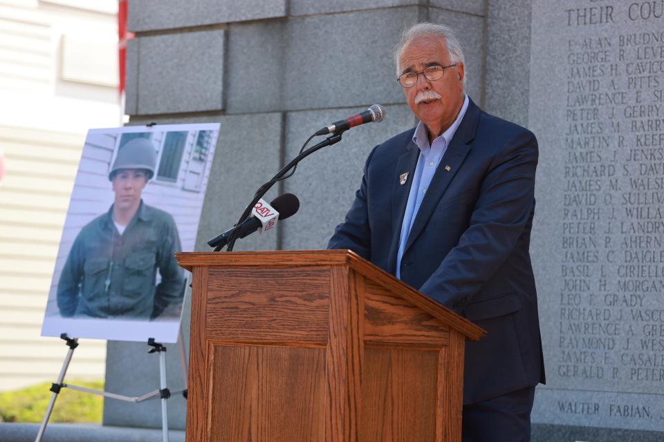 U.S. Army veteran John Magnarelli remembers Staff Sgt. Robert Phillips at the dedication ceremony at the Vietnam Veterans Memorial Clock Tower at Marina Bay on Tuesday, June 28, 2022.