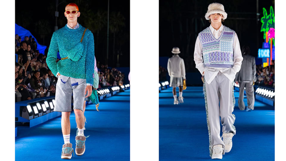 Two looks featuring variations of blue, green and purple from the collection. - Credit: Dior