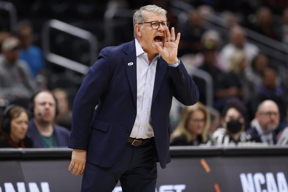 SEATTLE, WASHINGTON - MARCH 25: Head coach Geno Auriemma of the UConn Huskies reacts during the first half against the Ohio State Buckeyes in the Sweet 16 round of the NCAA Women's Basketball Tournament at Climate Pledge Arena on March 25, 2023 in Seattle, Washington. (Photo by Steph Chambers/Getty Images)