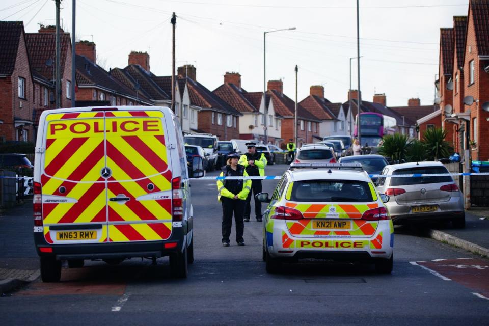 Police at the scene in south Bristol where two teenage boys, aged 15 and 16, died after a stabbing attack (Ben Birchall/PA) (PA Wire)