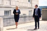 Paul Givan and Michelle O'Neill outside Parliament Buildings after they were nominated First Minister and deputy First Minister respectively