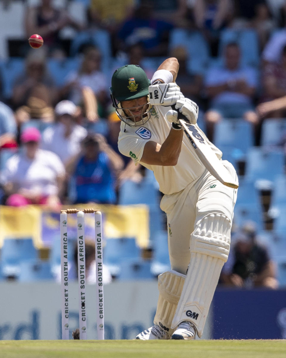 South Africa's batsman Aiden Markram bats on day one of the first cricket test match between South Africa and England at Centurion Park, Pretoria, South Africa, Thursday, Dec. 26, 2019. (AP Photo/Themba Hadebe)