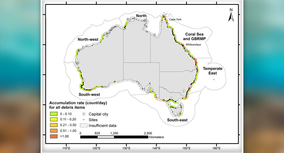 A map reveals the debris averaged per clean-up site around Australia's coastline. Source: UNSW