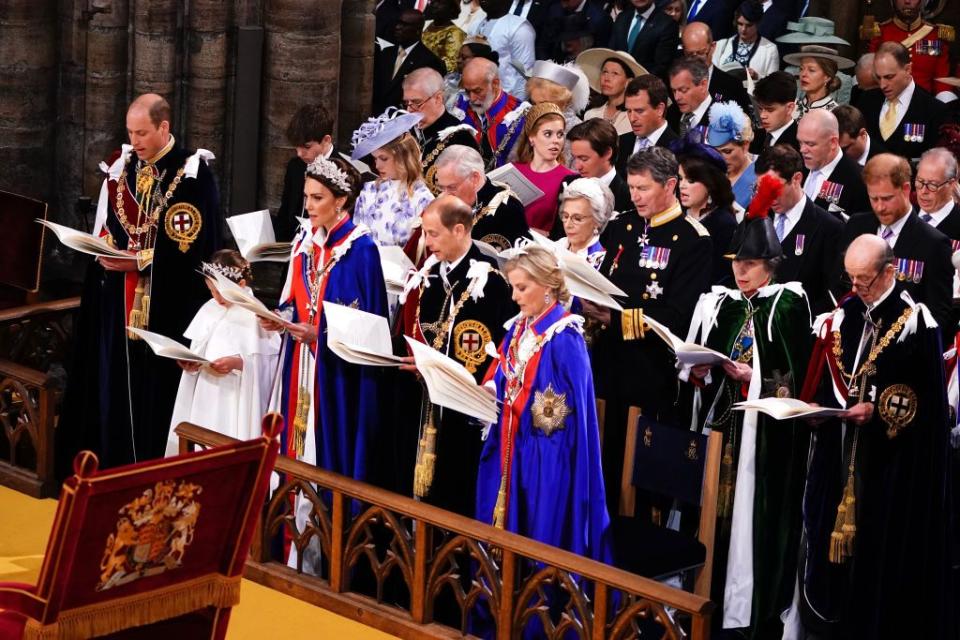 london, england may 06 left to right 3rd and 4th row the duke of york, princess beatrice, peter phillips, edoardo mapelli mozzi, zara tindall, princess eugenie, jack brooksbank, mike tindall and the duke of sussex, left to right 2nd row the earl of wessex, lady louise windsor, the duke of gloucester, the duchess of gloucester, the princess royal, vice admiral sir tim laurence, prince michael of kent, princess michael of kent, 1st row the prince of wales, princess charlotte, prince louis, the princess of wales, the duke of edinburgh and the duchess of edinburgh during the coronation of king charles iii and queen camilla on may 6, 2023 in london, england the coronation of charles iii and his wife, camilla, as king and queen of the united kingdom of great britain and northern ireland, and the other commonwealth realms takes place at westminster abbey today charles acceded to the throne on 8 september 2022, upon the death of his mother, elizabeth ii photo by yui mok wpa poolgetty images