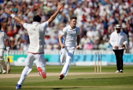 Britain Cricket - England v Pakistan - Third Test - Edgbaston - 7/8/16 England's Chris Woakes celebrates taking the wicket of Pakistan's Sarfraz Ahmed Action Images via Reuters / Paul Childs