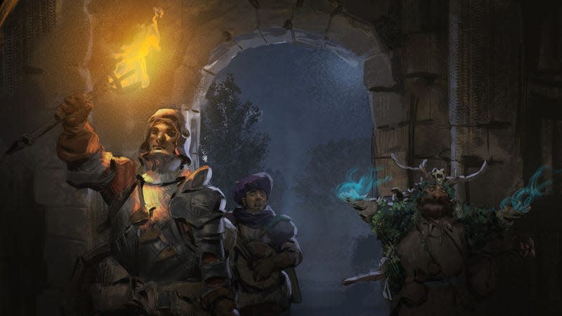 A party of knights are seen entering a dark dungeon with a lit torch.