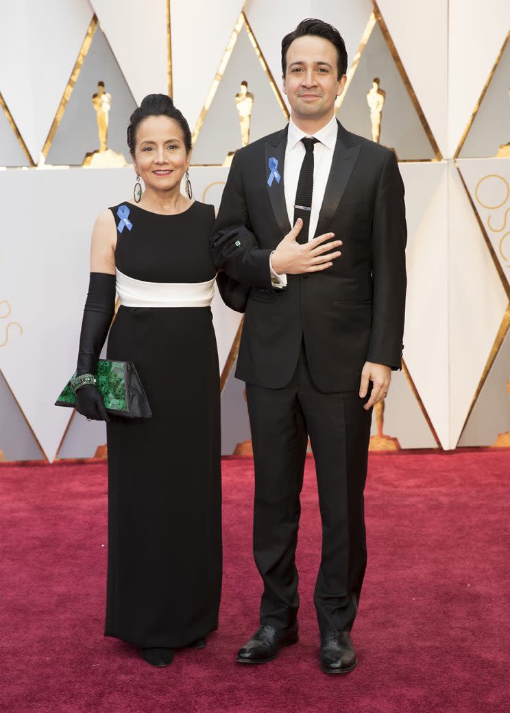 Lin-Manuel Miranda and his mom, Luz Towns-Miranda, showing ACLU support on the red carpet. (Photo: Tyler Golden/ABC via Getty Images)