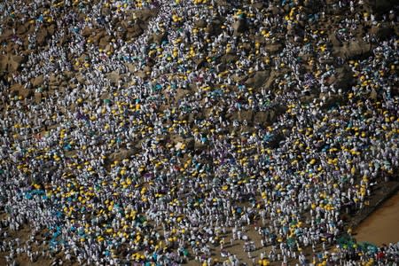 Muslim pilgrims gather on Mount Mercy on the plains of Arafat during the annual haj pilgrimage