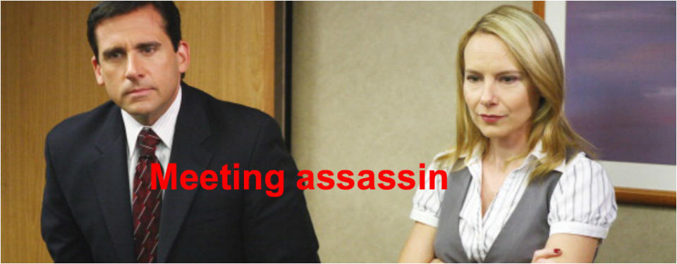 <p>Meeting assassin: Someone who hijacks a meeting with excessive questions or endless follow-on. </p>