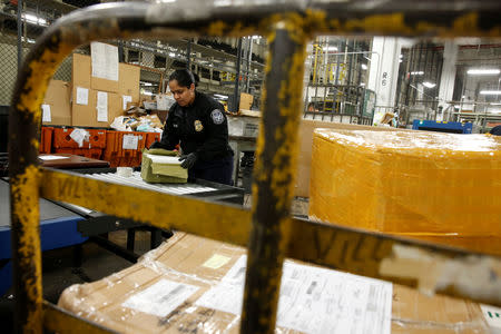 U.S. Customs and Border Protection officer Marlene Calderon opens packages, after they were X-rayed for contraband, at the JFK mail facility in New York, U.S., August 28, 2018. REUTERS/Jill Kitchener
